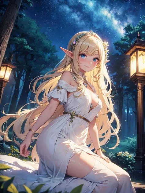 Elf　Beautiful dress　Light　Blonde　smile　forest　magic　Masterpiece Night　Starry Sky　magic  sexy