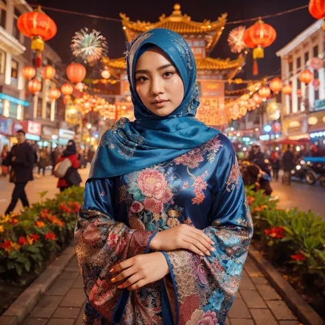 Outdoor portrait indonesia, a 28-year-old woman with hijab, all wearing blue clothes with intricate colorful patterns for Chinese New Year, they stands elegant in a Chinatown square with festive behind with full decorations, night scene with colorful light...