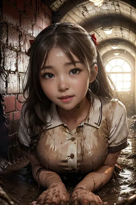 school girl uniform  , red knot , red bow , pleated skirt , dirty white Shirt , realisitic、top-quality、crisp photos、((Brick underground tunnel、Foul-smelling sewer、Littered with filth、Sewage channels full of feces、a lot of garbage and junk、The dirtiest sewe...