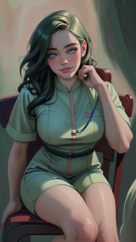 (best quality,4k,8k,highres,masterpiece:1.2),ultra-detailed,(realistic,photorealistic,photo-realistic:1.37),green nurse costume,beautiful detailed eyes,beautiful detailed lips,extremely detailed eyes and face,longeyelashes,friendly smile,thick body,sit on ...