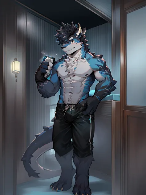 Chinese dragon boy，Gray fur，Topless, mammal, hairy，Black eyes，upscale hotel，Blue and black gradient swimming trunks quality，black fingerless gloves，goggles