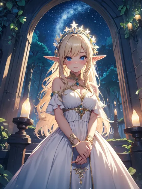 Elf　Beautiful dress　Light　Blonde　smile　forest　magic　Masterpiece Night　Starry Sky　Magic sexy, extremely beautiful