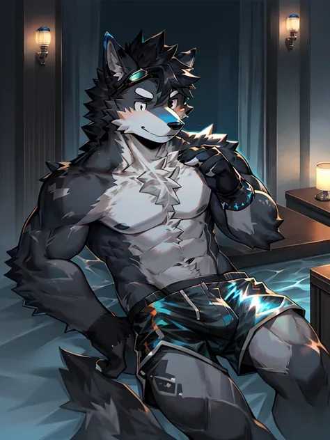 Black Wolf Boy，Gray fur，Topless, mammal, hairy，Black eyes，upscale hotel，Blue and black gradient swimming trunks quality，black fingerless gloves，goggles