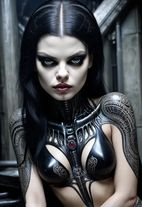 Hr giger tattooed sexy seductive dead girl, perfect face, hyper detailed ruby eyes, full body view,