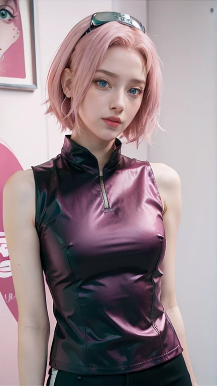 young woman, short shoulder-length pink hair, wide forehead, porcelain skin, pink eyebrows, big emerald green eyes, buttoned nose, full lips, heart-shaped face, slender body, small breasts, red tank top, Sakura Haruno , realistic, realism, details, 3d, wel...