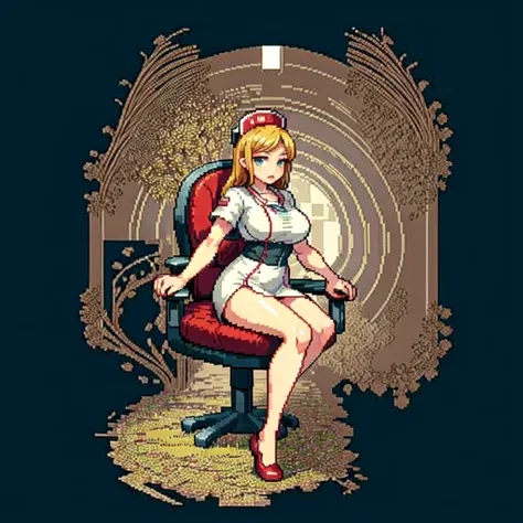 (masterpiece, top quality, best quality), pixel,pixel art,1girl,nurse costume,big bosom,sit on chair,full body