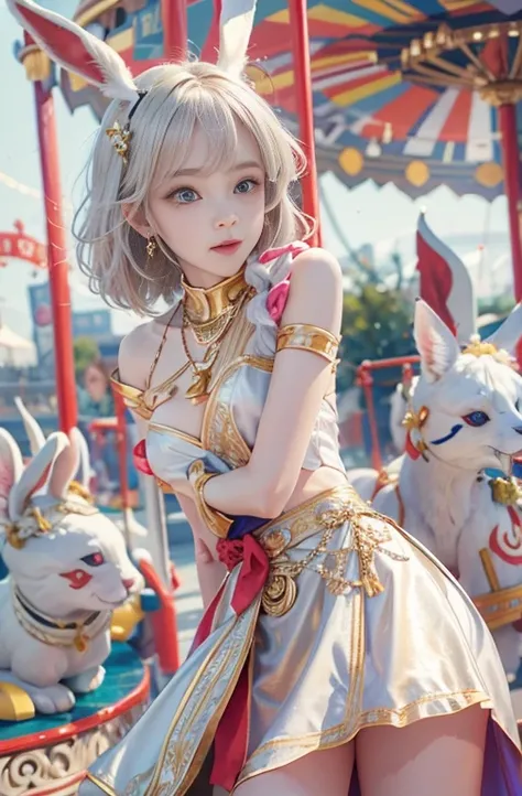 18-year-old, Wide-angle lens, Woman in ancient Greek costume、Woman enjoying merry-go-round at night,Shoulder out、thin、Serious expression、Short-haired、Deadly position, Gorgeous Necklace, Light milky porcelain skin, Smooth, Translucent white skin, Enchanting...