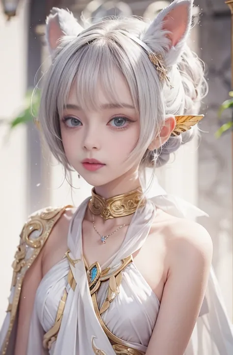 18-year-old, Close up portrait of woman in Ancient Greek clothing、Shoulder out、thin、Serious expression、Short-haired、Deadly position, Gorgeous Necklace, Light milky porcelain skin, Smooth, transparent white skin, Enchanting anime girl, Beautiful and seducti...