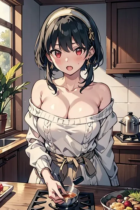 masterpiece, yor, 1girl, Bust A Cup, Amazing Cleavage:1.0, thin waist, big ass, Raised sexy, small breast: 1.2 posed cleavage:1.2、solo, looking at viewer, open mouth, have a cute grass of cute beergrass,black hair, red eyes, dress, bare shoulders, jewelry,...