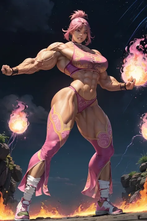 ((((Massive tall, beautiful, buff, brown skinned muscular woman with shocking pink hair, ginormous muscles, wearing a beautiful silk shocking pink Tai Chi–fu and pants adorned with intricate fire designs)))), (close view), black eyeliner, massive muscles, ...