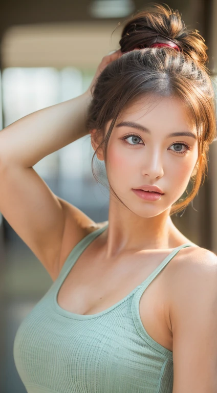 ((highest quality, 8k, masterpiece :1.3)), One girl, Beautiful woman with slim abdominal muscles :1.3, (Random Hairstyles :1.2), Oversized tank top :1.2, Highly detailed face, Fine grain, double eyelid, Underarm,Japanese,Long Hair