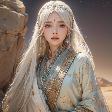 (highest quality、masterpiece、8k、Best image quality、Ultra-high resolution、Award-winning works)、A beautiful white-haired woman watches us from afar in the desert, Where light shines from the moon.、Ancient Islamic clothing、Beautiful face drawn in every detail