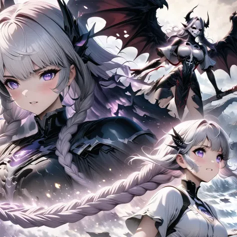 Death Demon,Dragon Island, Double braid girl,(White background:1.2)，Cartoon character with wings flying over woman in purple and white dress, Cool anime 8K, Devil anime girl,  white hair deity, Anime epic artwork, best anime 4k konachan wallpapers, angel k...