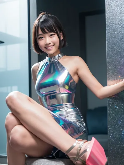 11-year-old idol、Short Ponytail、Black Hair、Photo shoot at a luxury hotel、ラテックス素材のPrism Metallic Dress、(超タイトなラテックスPrism Metallic Dress:1.5)、Very short skirt、Shooting one Japanese person、ラテックスPrism Metallic Dress、Ultra reflective latex prism metallic silver ...