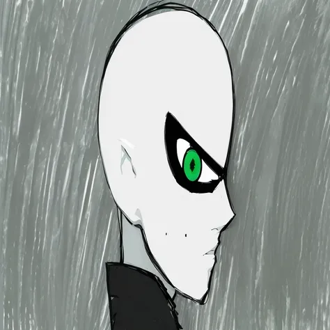 un dibujo de un hombre de ojos verdes y traje negro, unknown art style, face of a pale alien cultist, y extraterrestres. angled jaw, clean celda sombreada, estilo varguyart, cel - shading art style, mirada intimidante, ojos pesados hacia un lado, celda som...