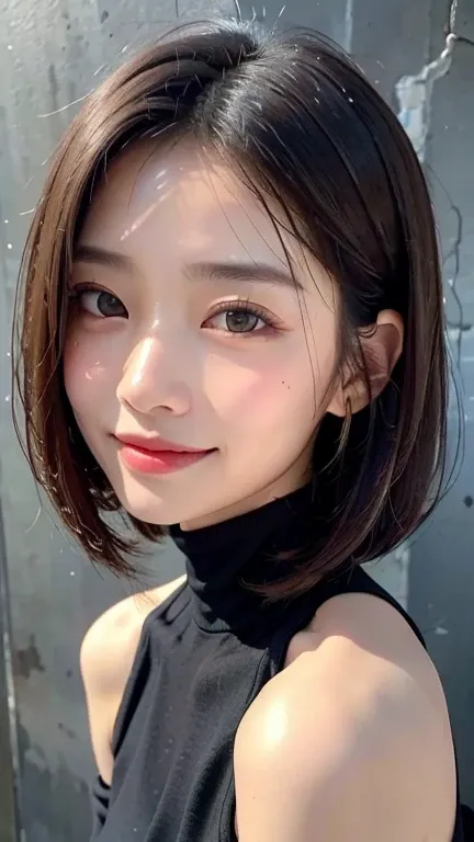 (((close-up of face)))、(((absolutely shoulder-length purple straight short bob)))、(((she is posing like a hair salon model, with...