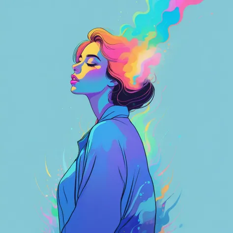 soft pastel colors, cartoon style illustration of a woman as she sees the world while experiencing hallucinations, stoned, splash art, splashed pastel colors, (soft iridiscent glowy smoke) motion effects, best quality, wallpaper art, UHD, centered image, M...