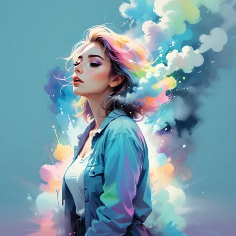 soft pastel colors, cartoon style illustration of a woman as she sees the world while experiencing hallucinations, stoned, splash art, splashed pastel colors, (soft iridiscent glowy smoke) motion effects, best quality, wallpaper art, UHD, centered image, M...