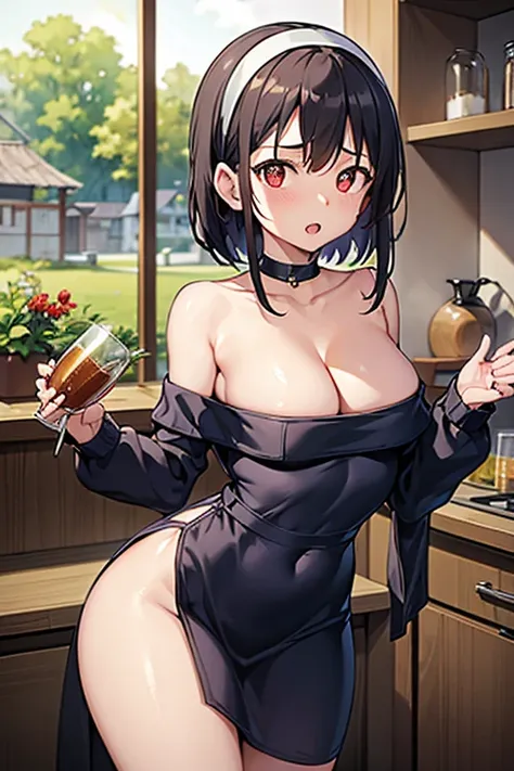 masterpiece, yor, 1girl, Bust A Cup, Amazing Cleavage:1.0, thin waist, big ass, Raised sexy, small breast: 1.2 posed cleavage:1.2、solo, looking at viewer, open mouth, have a cute grass of cute beergrass,black hair, red eyes, dress, bare shoulders, jewelry,...