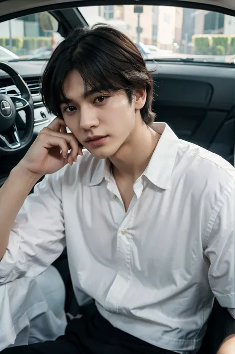 a close up of a person sitting in a car with a white shirt, jungkook, hyung tae, very attractive and beautiful, taehyung eating gucci fries, cai xukun, handsome and attractive, attractive and good looking, cant believe it is real, black haired yoongi, offi...