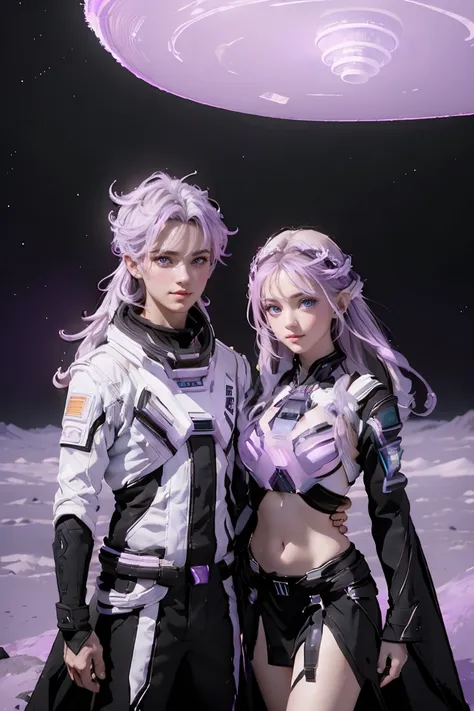 ((masterpiece, best quality, extremely detailed), volumetric lighting, ambient occlusion, colorful, glowing), a boy and a girl, (purple white gradient long hair),  halo, aura, sacred, goddess,, (black outfit:1.3), 
outdoors, sunset, sky, clouds, space, ((a...