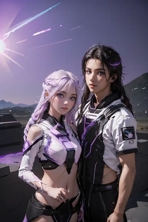 ((masterpiece, best quality, extremely detailed), volumetric lighting, ambient occlusion, colorful, glowing), a boy and a girl, (purple white gradient long hair),  halo, aura, sacred, goddess,, (black outfit:1.3), 
outdoors, sunset, sky, clouds, space, ((a...