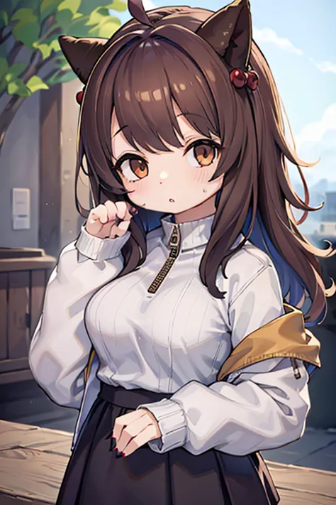 two,, , one girl, ahoge, bangs, 黒いskirt, 黒いsweater, blue claws, blurred, blurred background, chest, brown eyes, brown hair, 茶色のj...