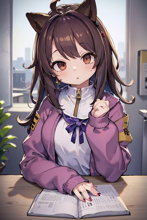 two,, , one girl, ahoge, bangs, 黒いskirt, 黒いsweater, blue claws, blurred, blurred background, chest, brown eyes, brown hair, 茶色のj...