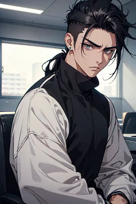 anime gradient man young black hair with low ponytail on shaved sides turns hair to the left side in the middle serious face with black earrings sweatshirt