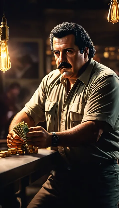 Pablo Escobar handing out money to poor people, detail, shot, dramatic, daylight, indoor studio lights, medium shot , highly detailed, detailed textures, medium shot, ultrawide, full length shot, realistic, bright, ultrarealistic, realistic focus face, bri...