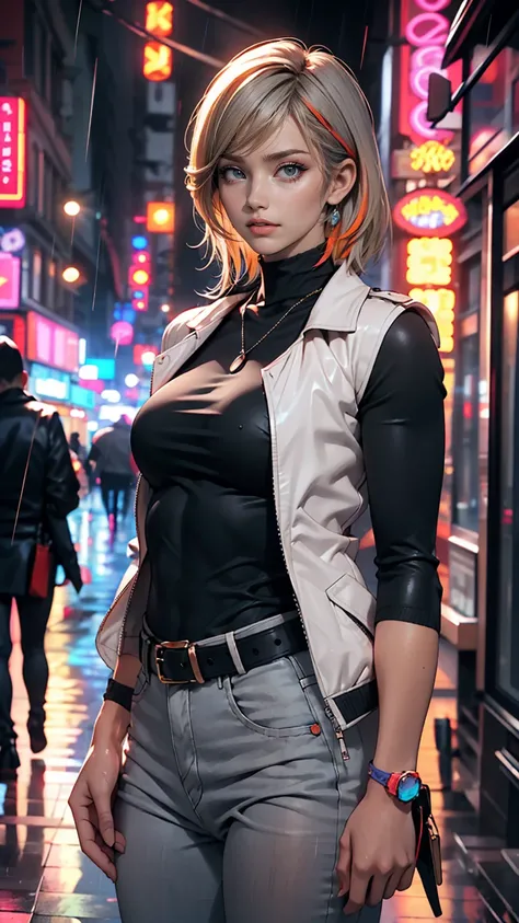 Portraiture, 1 girl, Beautiful Face, Asymmetrical Hair, Multi-coloured hair, belt, Bodysuits, Covered my mouth, Covered navel, Removable sleeves, Grey Eyes, Hip vents, Open jacket, cute, View the viewer, Night City, neon, Rainy,