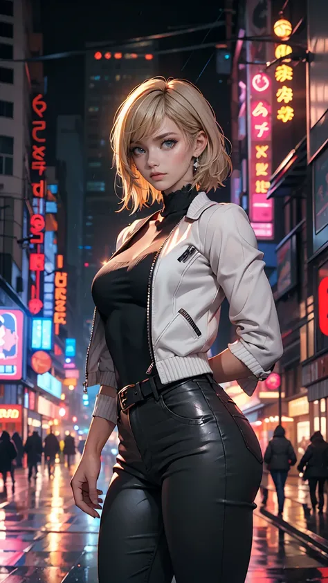 Portraiture, 1 girl, Beautiful Face, Asymmetrical Hair, Multi-coloured hair, belt, Bodysuits, Covered my mouth, Covered navel, Removable sleeves, Grey Eyes, Hip vents, Open jacket, cute, View the viewer, Night City, neon, Rainy,