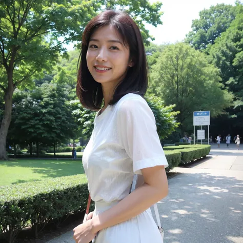 ((highest quality、8k、masterpiece:1.3))、Realistic, Sharp focus, High resolution, High resolution, Portraiture, alone, Japanese women, Beautiful woman,  Short sleeve blouse、Casual skirt、33 years old, semi-long、Standing in the park、looking at the camera、smile...