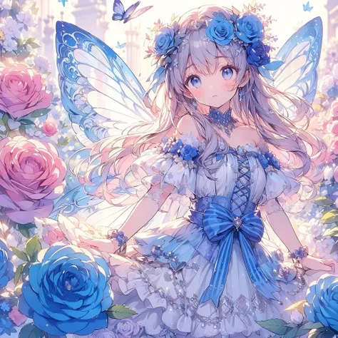 (Exquisite, beautiful, Very detailed, masterpiece, High resolution,high quality,High resolution),(Well-formed face,Soft and thin lines: 1.2, beautiful, Delicate and vivid illustrations with a mature and clear feel), A fairy princess with butterfly-like win...