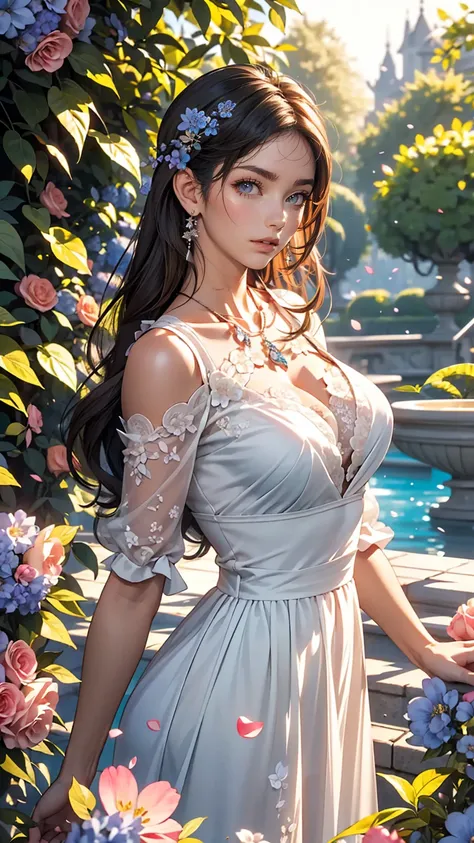 In the fragrant garden, Mature Caucasian woman standing with arms outstretched, Sexy nice body、While gently touching the petals of the flowers I met, A connection with nature and lovely blue flowers.