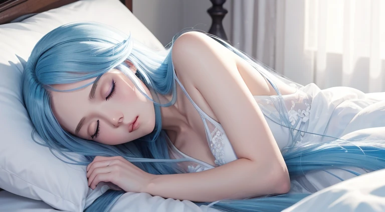 (highest quality: 0.8), (highest quality: 0.8), Perfect anime illustration very long blue hair，， Transparent white dress、Ultra detailed ultra detailed face、Bright Eyeilky Way、Incredible 4k full HD、Lying in bed sleeping, Sleeping with eyes closed