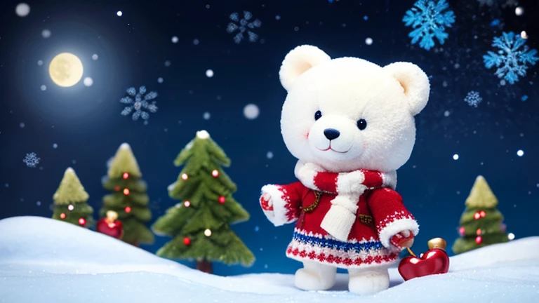 Under the realistic winter night sky、A cute white bear、She is holding the chocolate preciously.