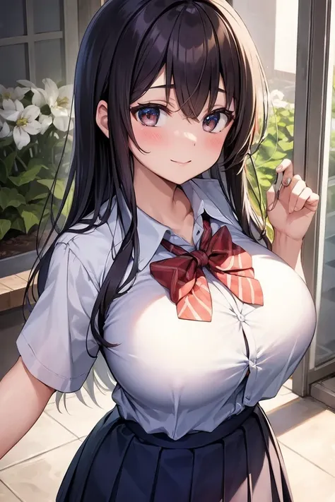 masterpiece, highest quality, one girl, cowboy shot, smile, (beautiful girl, delicate girl:1.3), (15 years old:1.3), extremely fine-grained clarity, (symmetrical eyes:1.3), (school building:1.2), (spring school uniform:1.3), (gigantic breasts:1.2), brown e...