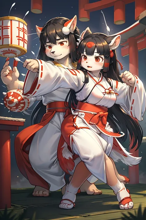 (Monet style:1.2) , (1 hairy inari girl and 1 Tall Muscle ogres couple:1.1) , Short stature , realistic hairy fur , Straight black Long Hair , Round face, swollen cheeks,round eyes , neat hair ties , Japanese Shrine Maiden Clothing , (dynamic Noh dance act...