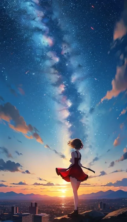 {{{masterpiece}}, {{{highest quality}, {{Super detailed}}, {figure}, {{an extremely delicate and beautiful}}, beautiful milky way, Night Sky, Wide sky, Mysterious, Deep sky, Falling Sky, Traveling woman, Red dress,Back view, girl looking at Night Sky, On t...