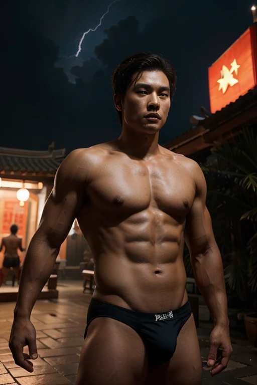 Ancient Chinese Men God, topless, Athlete body, Full Frame, Professional Lighting, dark sky, Thunder, star Background, Seduce, Bikini underwear