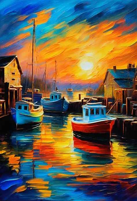 Claude Monet Style, by Claude Monet and William Turner, a colorful sunrise over quiet fishing harbour, golden hour, impressionism, visible brush strokes, neo-impressionism expressionist style oil painting, smooth post-impressionist impasto acrylic painting...