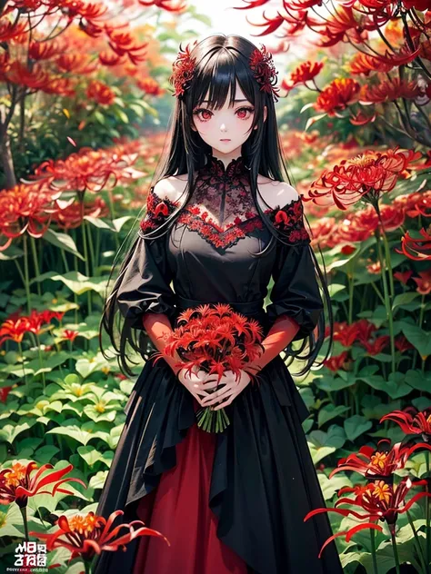 (​master piece),(top-quality:1.2),(perfect anatomy),1 girl,exquisitedetails,Vibrant colors, Soft tones, With warm and gentle lighting,black long hair,beautiful detailed red eyes,red and black layered dress,((standing in flower garden full of red spider lil...