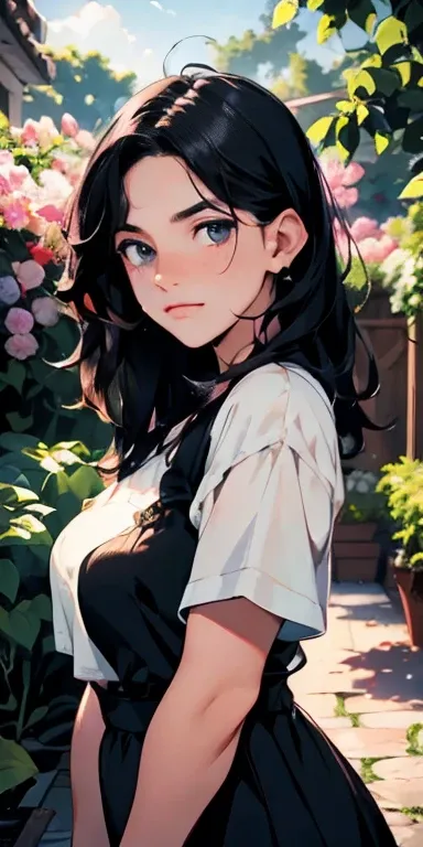 best quality, high resolution, ultra-detailed, realistic, vibrant colors, portraits, girl in a garden, short black hair, beautiful detailed eyes, smile, blushing