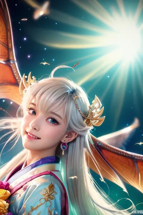 High quality CG illustration,((highest quality)), ((masterpiece)), (detailed), Perfect Face,日本の女god,Doll-like girl with angel wings, Archangel, , Look forward , Princess Crown, Dragon Horn, Look up at the camera, ,(Abysmal),(Are you okay, round, Symmetrica...