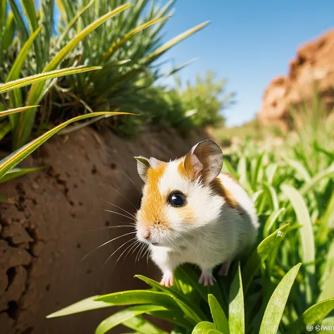 Roborovski hamster exploring among desert plants。