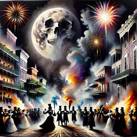 claude monet-inspired painting capturing old new orleans at mardi gras, massive smoky silhouettes of baron samedi and mother bri...