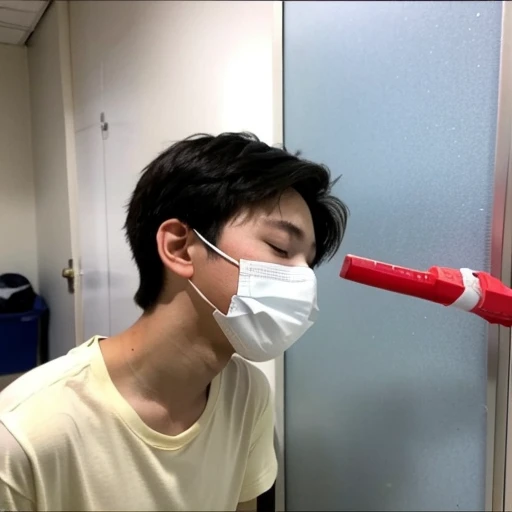 Handsome１０A boy about 18 years old has an infectious disease and looks distressed. He is wearing a white mask. He has a high fever. He is sleeping. He is coughing. He is feeling exhausted. His temperature is being measured with a thermometer.