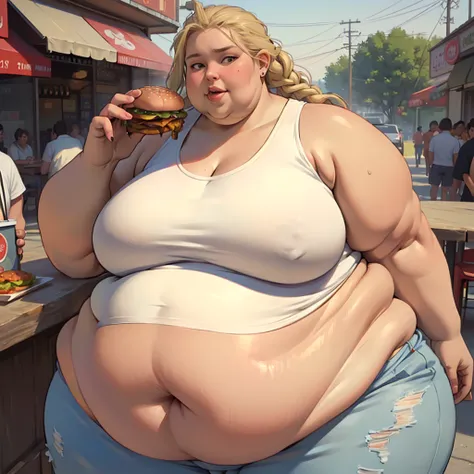 (masterpiece, best quality, absurdres, detailed, realistic:1.2), beautiful young woman, USSBBW, (morbidly obese:1.4), (fatblob:1.4), (realistic detailed face), gigantic belly, (highly detailed:1.3), extreme detail, high aesthetic, hot pants, tanktop, blond...