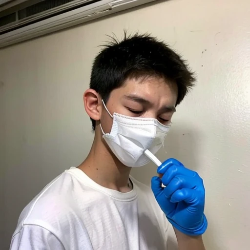 Handsome１０A boy about 18 years old has an infectious disease and looks distressed. He is wearing a white mask. He has a high fever. He is sleeping. He is coughing. He is exhausted. He is taking his temperature with a thermometer. He looks like he is about ...